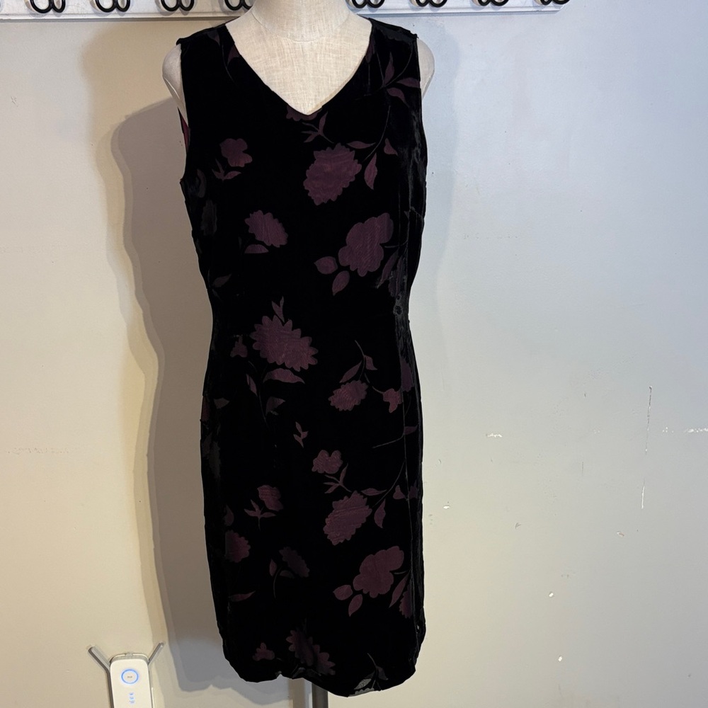 Black and Purple Velvet burnout  Floral Midi Dress size 10.